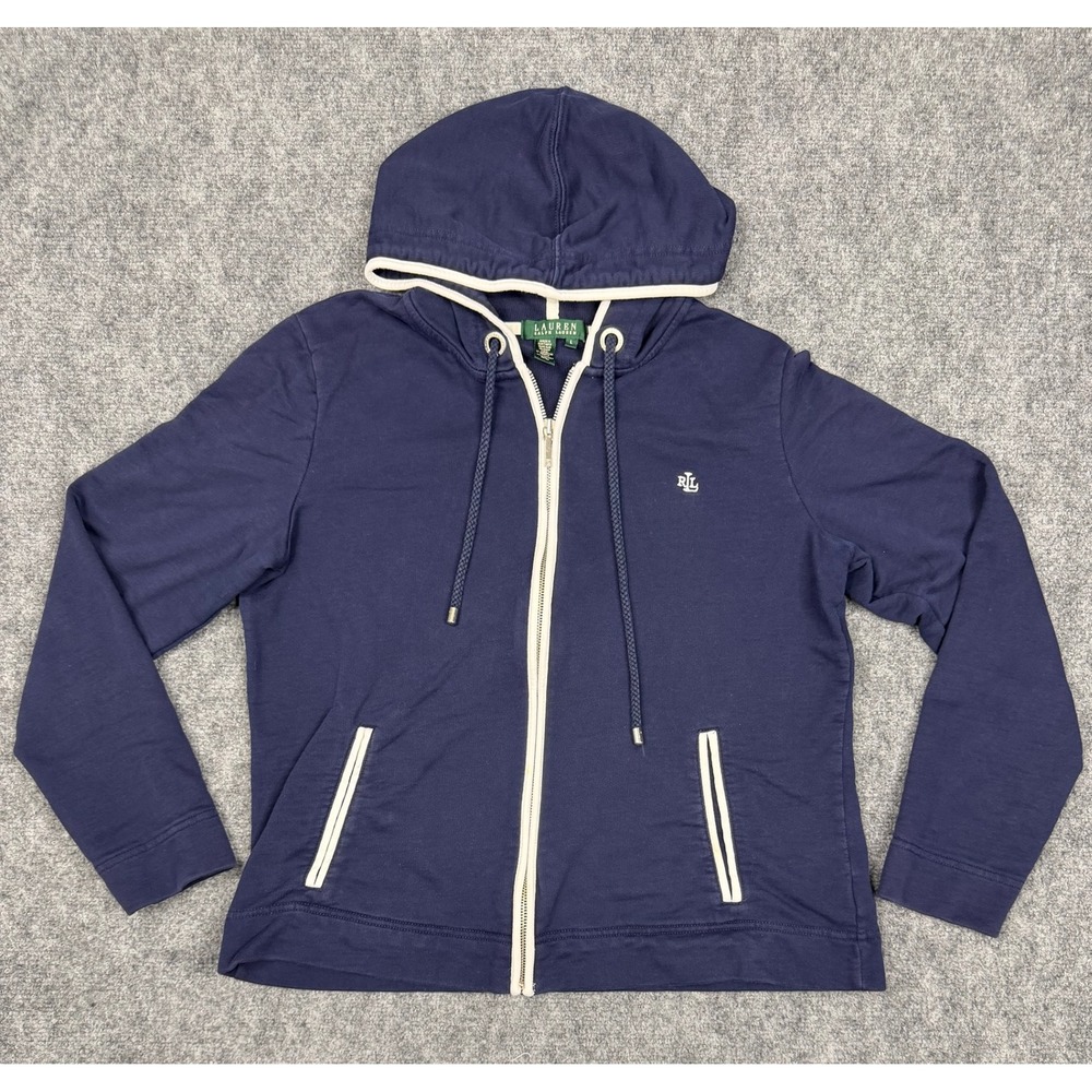 Lauren Ralph Lauren Womens Navy Blue Full Zip Hoodie Sweatshirt Cotton Large